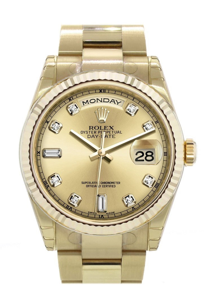 Rolex Day-Date 36 Champagne diamonds Dial Fluted Bezel Yellow Gold Watch 118238