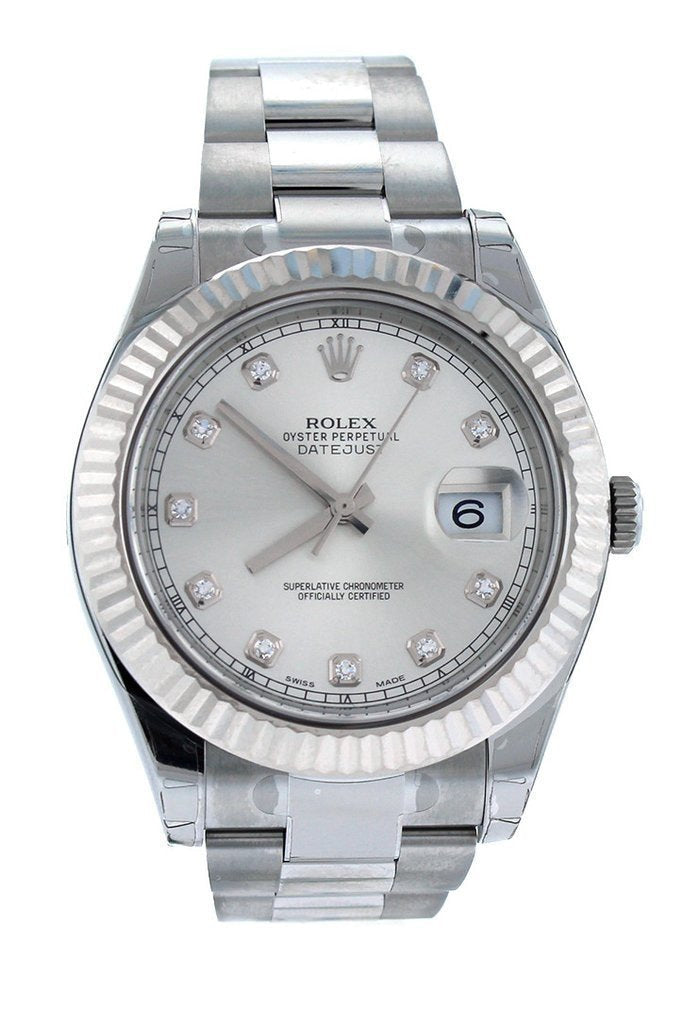 ROLEX Datejust II 41 Steel Silver Diamond Dial 18kt White Gold Fluted Bezel Men's Watch 116334 Pre-owned