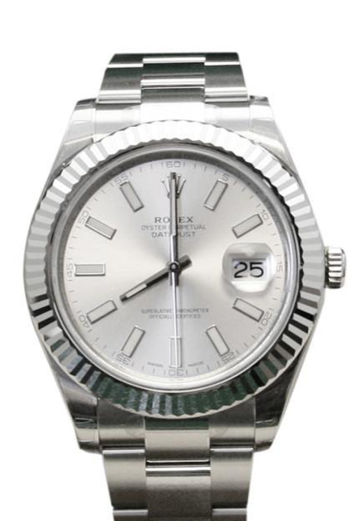 ROLEX Datejust II 41 Silver Dial 18kt White Gold Fluted Bezel Men's Watch 116334 Pre-owned