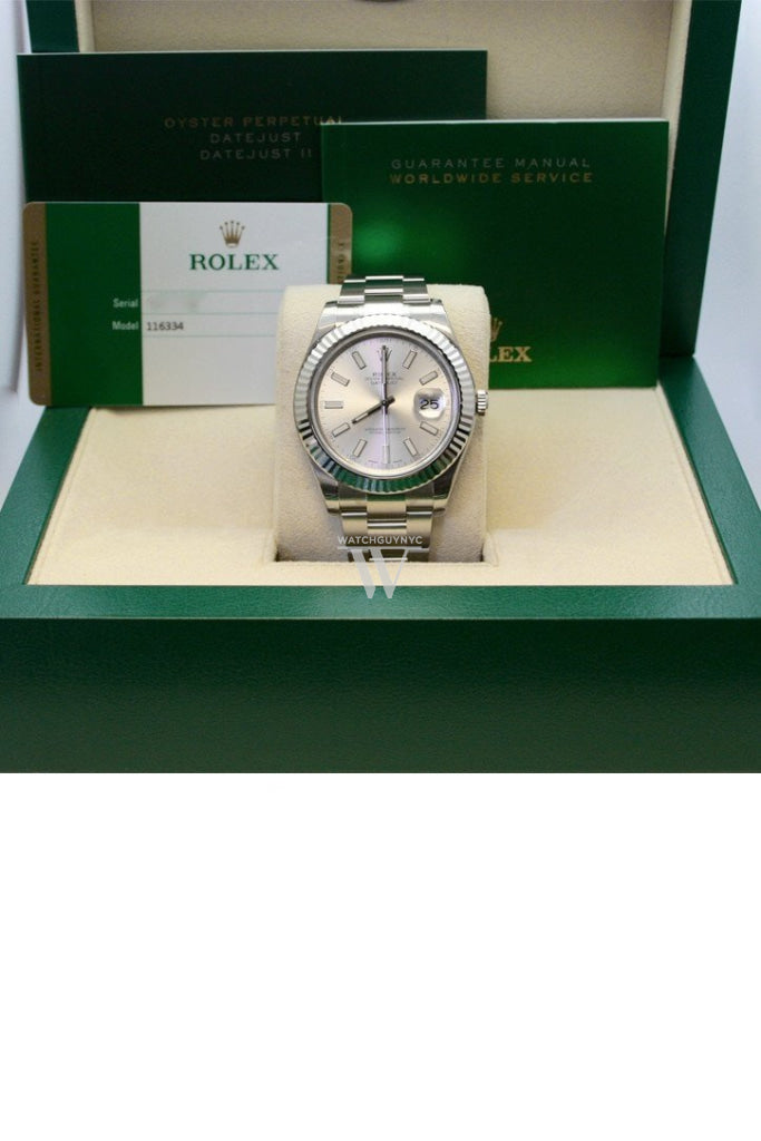 ROLEX Datejust II 41 Silver Dial 18kt White Gold Fluted Bezel Men's Watch 116334 Pre-owned
