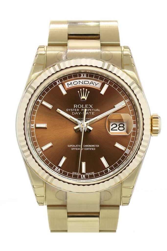 Rolex Day-Date 36 Cognac Dial Fluted Bezel Yellow Gold Watch 118238