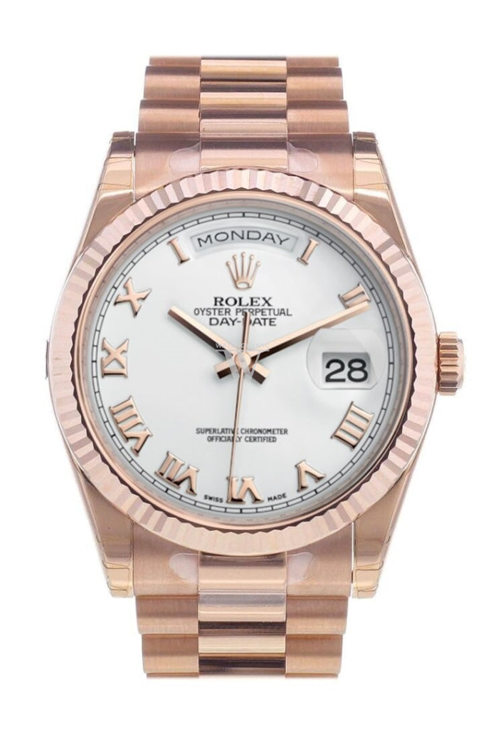 Rolex Day-Date 36 White Roman Dial Fluted Bezel President Everose Gold Watch 118235