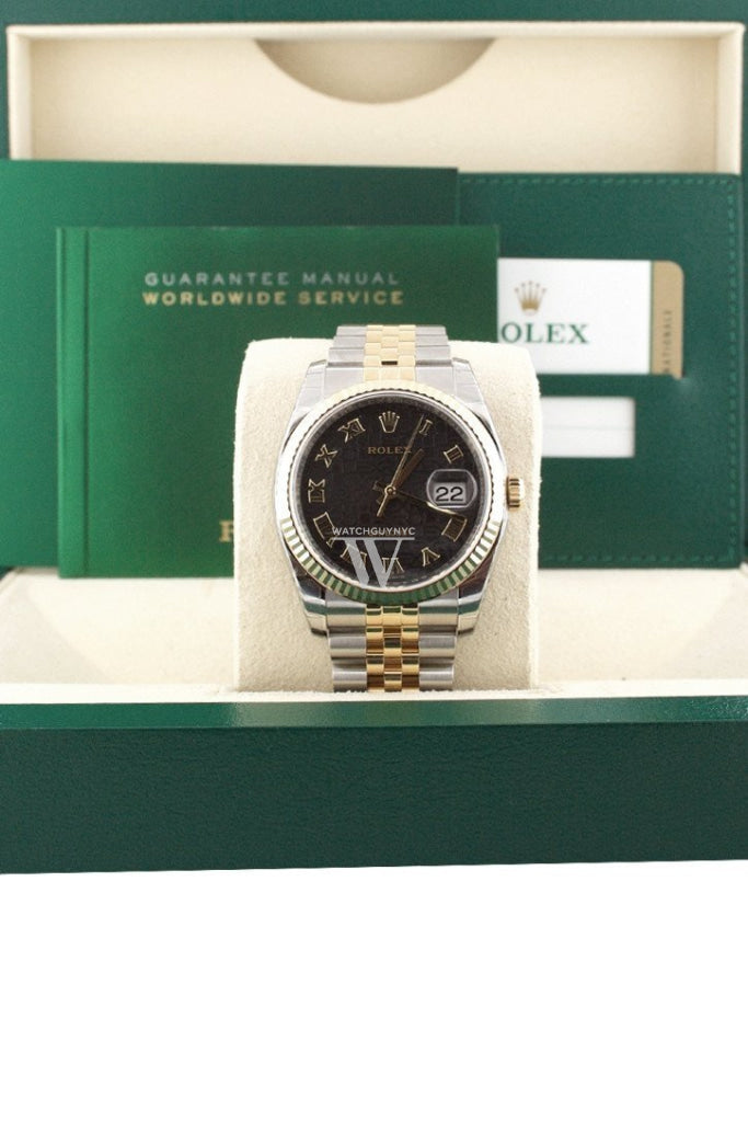 Rolex Datejust 36 Black Jubilee Roman Dial Fluted 18K Gold Two Tone Jubilee Watch 116233 Pre-owned