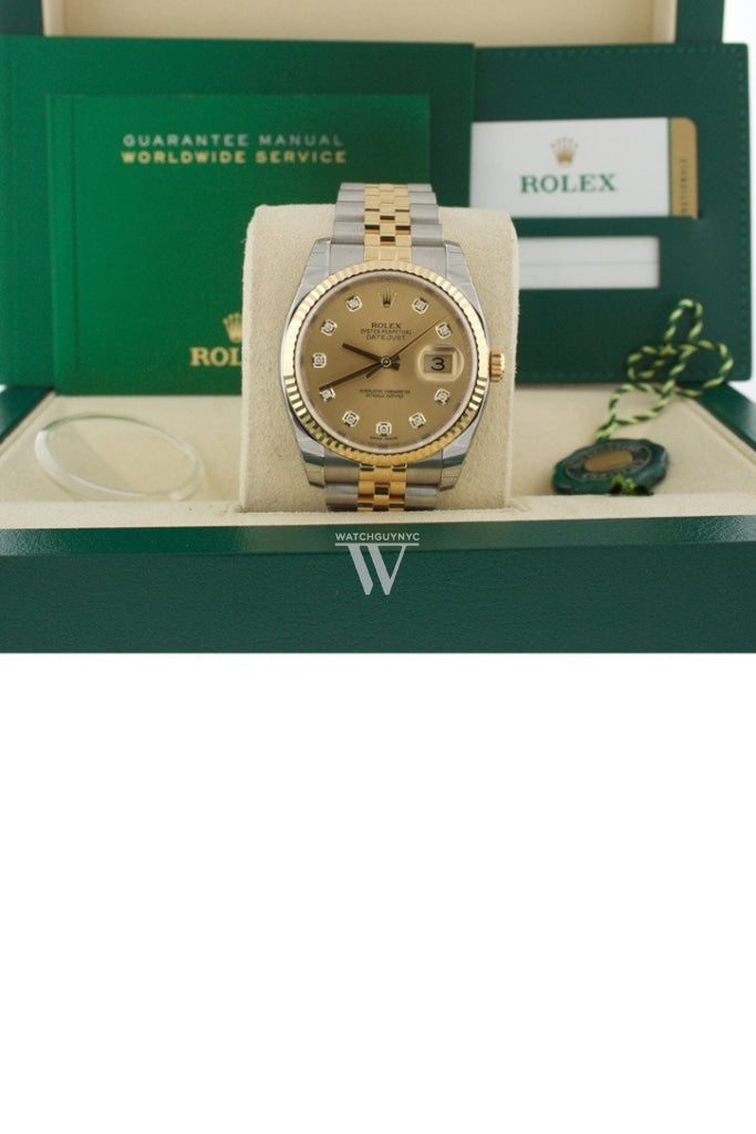 Rolex Datejust 36 Champagne-colour Diamond Dial Fluted 18K Gold Two Tone Jubilee Watch 116233 Pre-owned