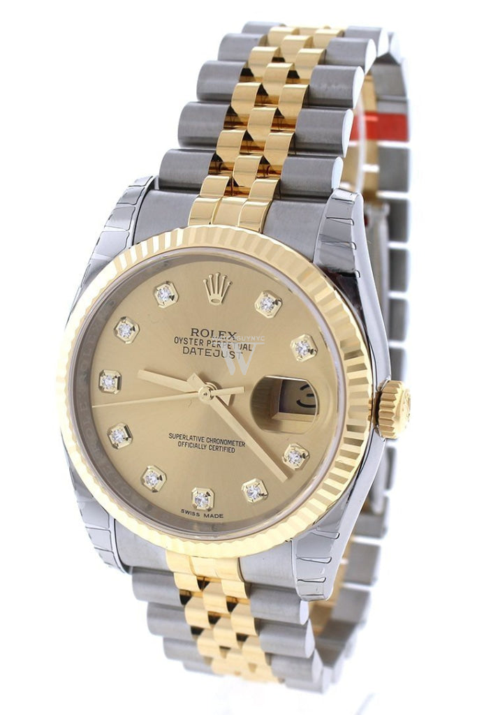 Rolex Datejust 36 Champagne-colour Diamond Dial Fluted 18K Gold Two Tone Jubilee Watch 116233 Pre-owned