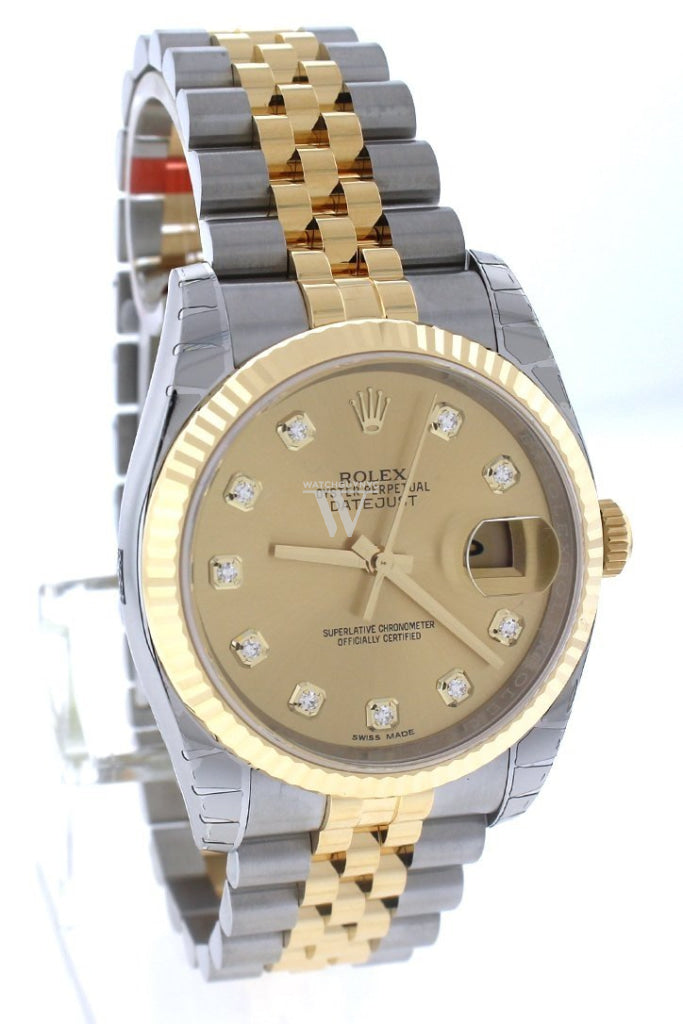 Rolex Datejust 36 Champagne-colour Diamond Dial Fluted 18K Gold Two Tone Jubilee Watch 116233 Pre-owned