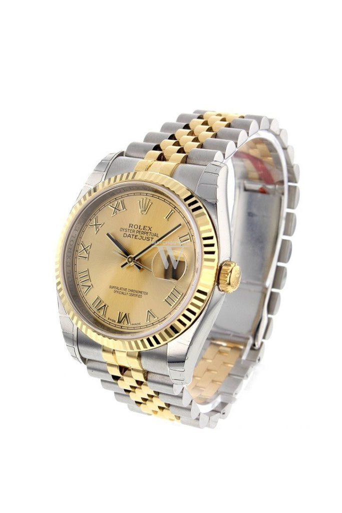 Rolex Datejust 36 Champagne Roman Dial Fluted 18K Gold Two Tone Jubilee Watch 116233 Pre-owned