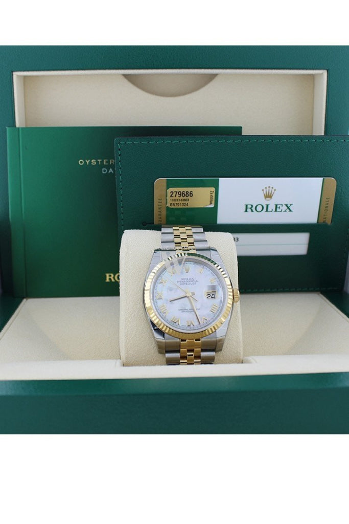 Rolex Datejust 36 White mother-of-pearl Roman Dial Fluted 18K Gold Two Tone Jubilee Watch 116233 Pre-owned