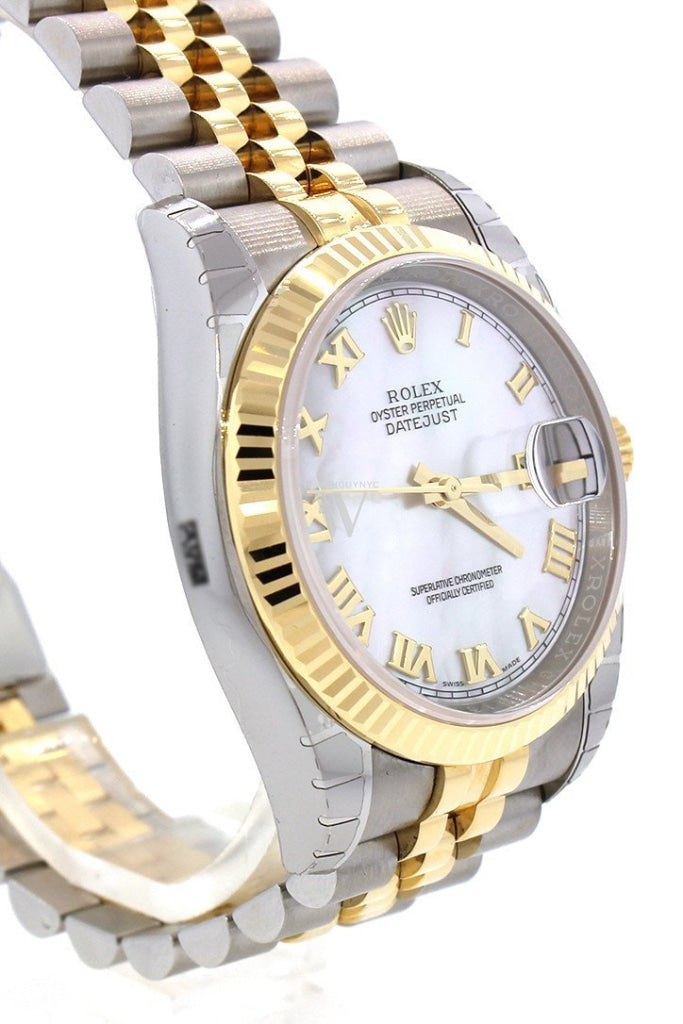 Rolex Datejust 36 White mother-of-pearl Roman Dial Fluted 18K Gold Two Tone Jubilee Watch 116233 Pre-owned