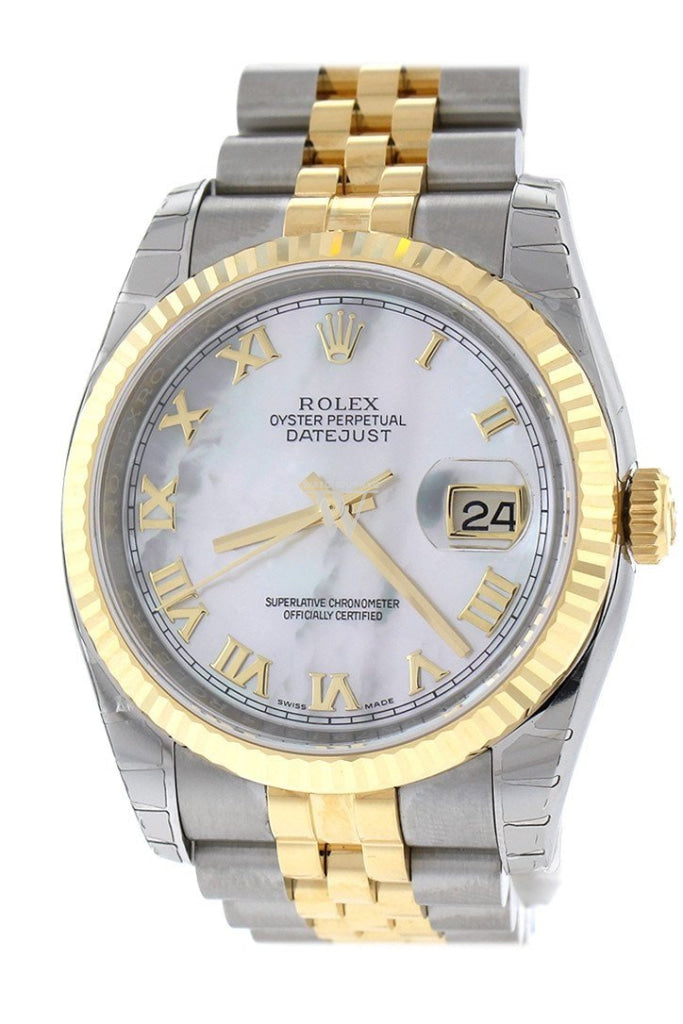 Rolex Datejust 36 White mother-of-pearl Roman Dial Fluted 18K Gold Two Tone Jubilee Watch 116233 Pre-owned