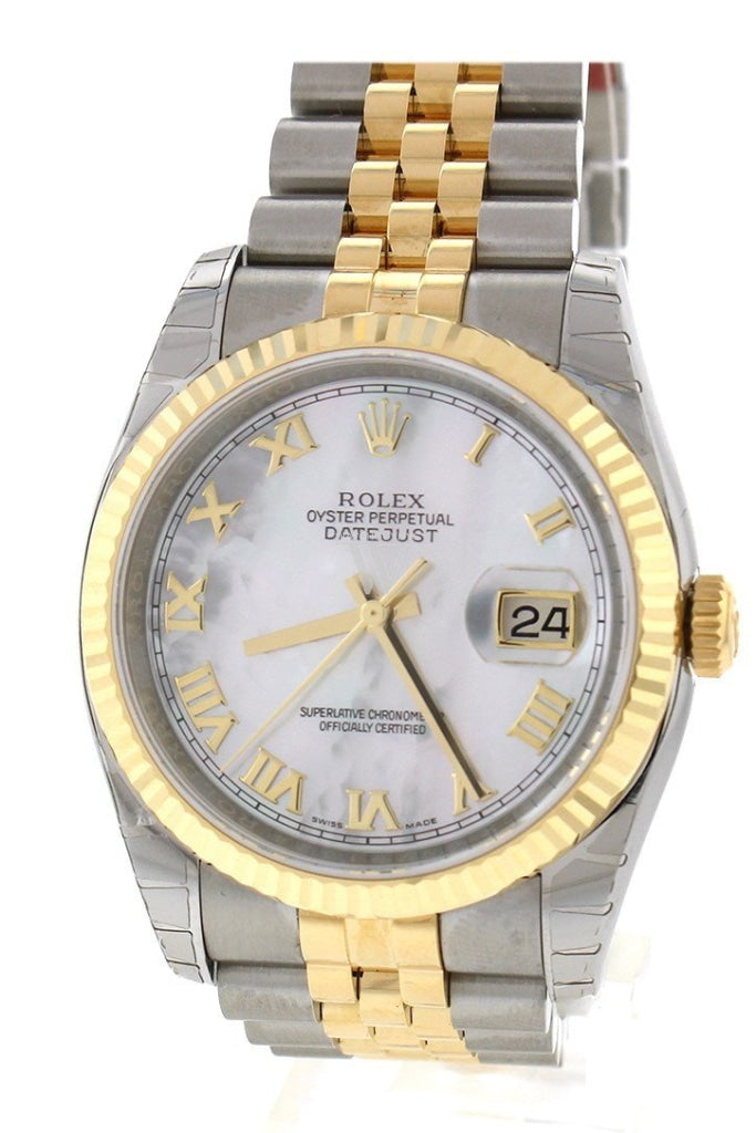 Rolex Datejust 36 White mother-of-pearl Roman Dial Fluted 18K Gold Two Tone Jubilee Watch 116233 Pre-owned