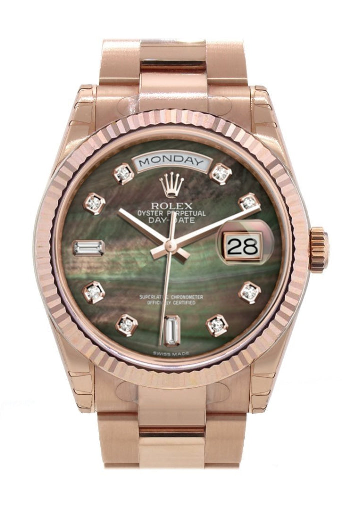 Rolex Day-Date 36 Black mother-of-pearl set with diamonds Dial Fluted Bezel Oyster Everose Gold Watch 118235