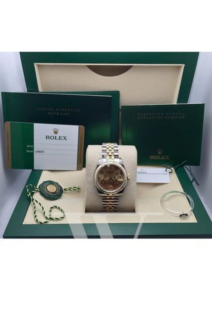 Rolex Datejust 31 Champagne Floral Motif Roman Dial Fluted Bezel 18K Gold Two Tone Jubilee Ladies 178273 Pre-owned