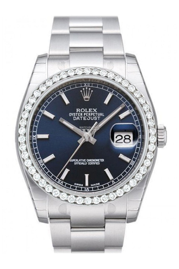 Custom Diamond Bezel Rolex Datejust 36 Blue Dial Stainless Steel Jubilee Men's Watch 116200 Pre-owned