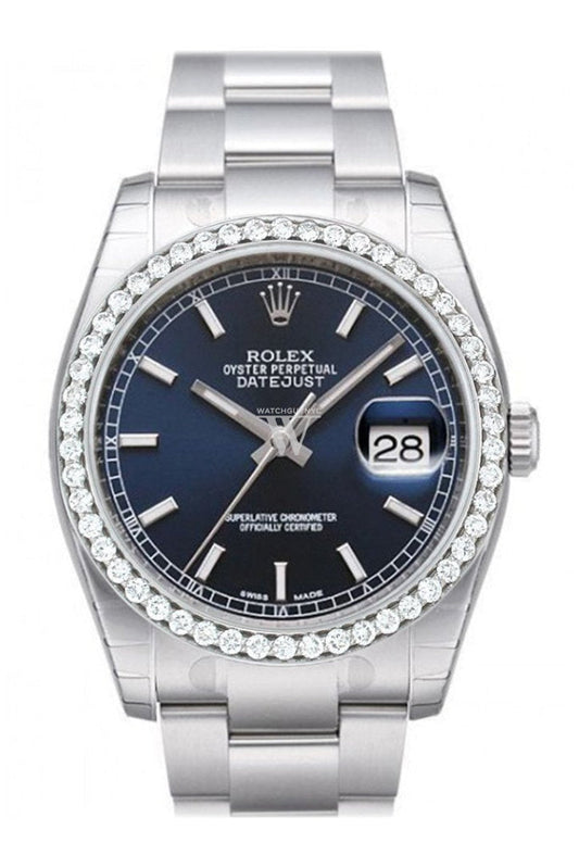 Custom Diamond Bezel Rolex Datejust 36 Blue Dial Stainless Steel Jubilee Men's Watch 116200 Pre-owned