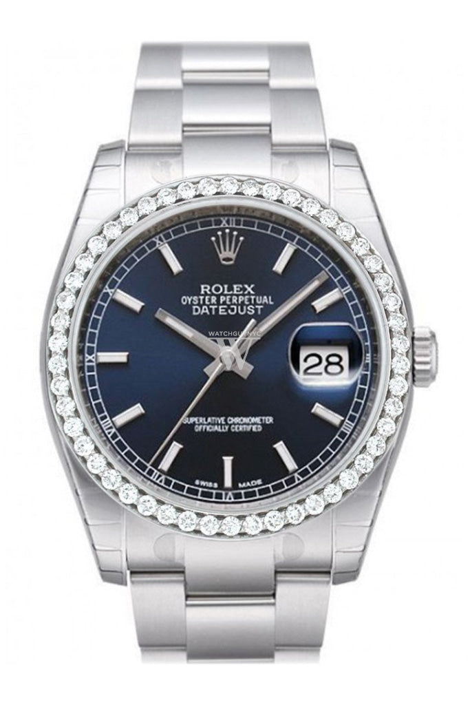 Custom Diamond Bezel Rolex Datejust 36 Blue Dial Stainless Steel Jubilee Men's Watch 116200 Pre-owned