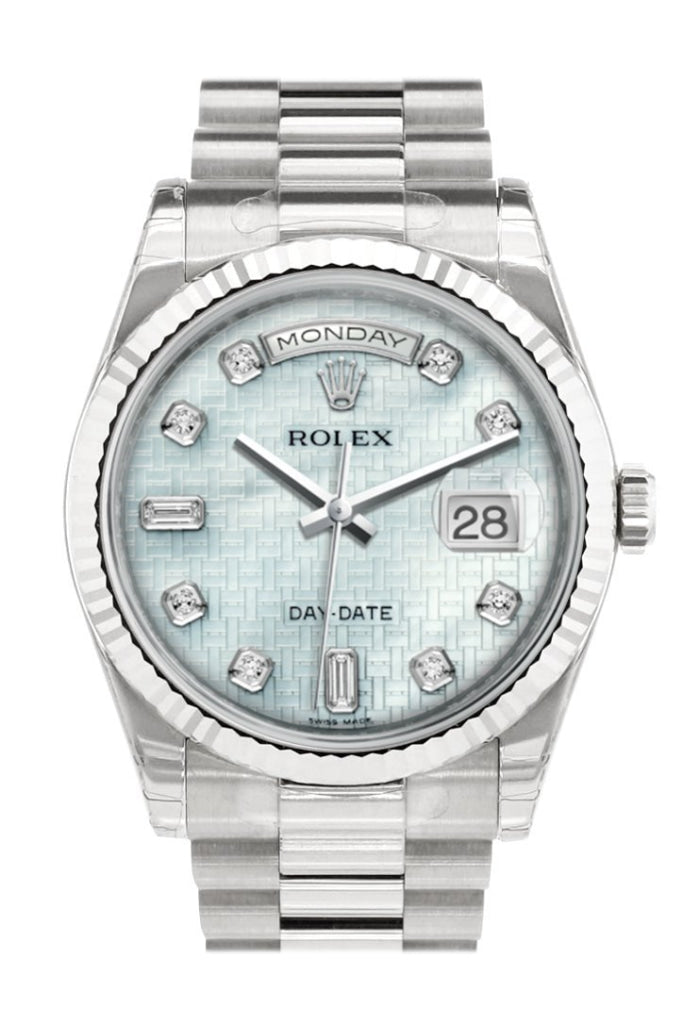 Rolex Day-Date 36 Platinum mother-of-pearl with oxford motif set with Diamonds Dial Fluted Bezel President White Gold Watch 118239