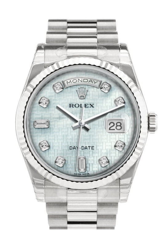 Rolex Day-Date 36 Platinum mother-of-pearl with oxford motif set with Diamonds Dial Fluted Bezel President White Gold Watch 118239