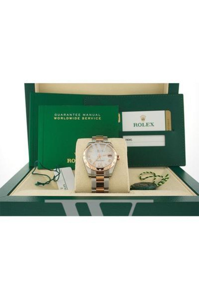 Rolex Datejust 31 White Mother of Pearl Roman Large VI Diamond Dial Diamond Bezel 18K Rose Gold Two Tone Ladies Watch 178341 Pre-owned