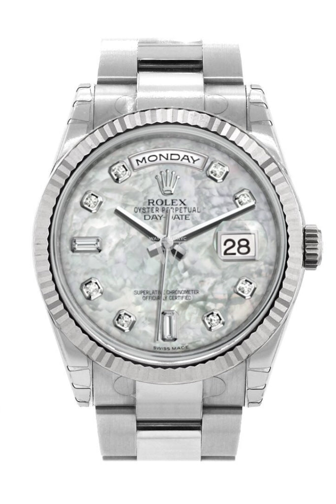 Rolex Day-Date 36 White mother-of-pearl set with Diamonds Dial Fluted Bezel Oyster White Gold Watch 118239