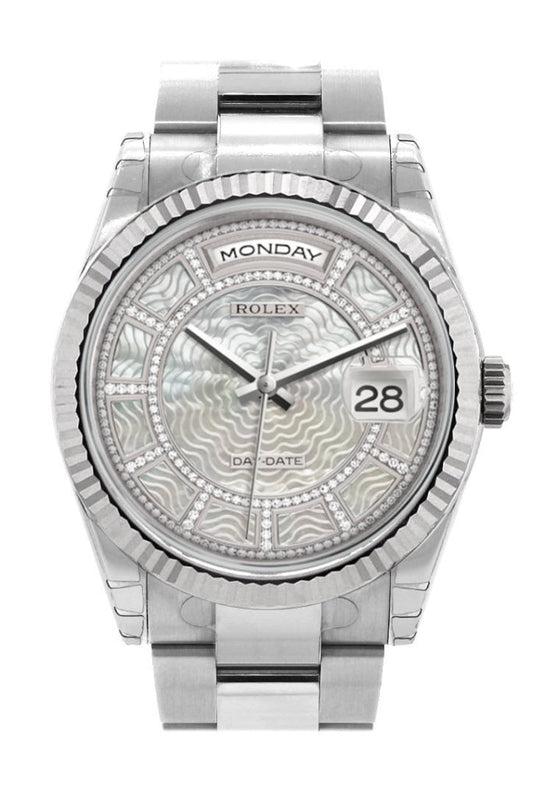 Rolex Day-Date 36 Carousel of white mother-of-pearl Dial Fluted Bezel Oyster White Gold Watch 118239