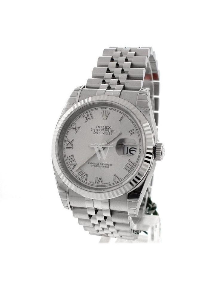 Rolex Datejust 36 Rhodium Roman Dial 18k White Gold Fluted Jubilee Unisex Watch 116234 Pre-owned