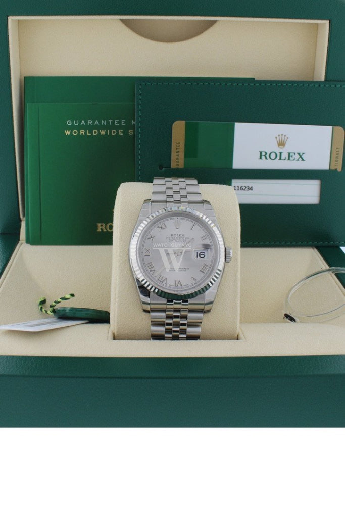 Rolex Datejust 36 Rhodium Roman Dial 18k White Gold Fluted Jubilee Unisex Watch 116234 Pre-owned
