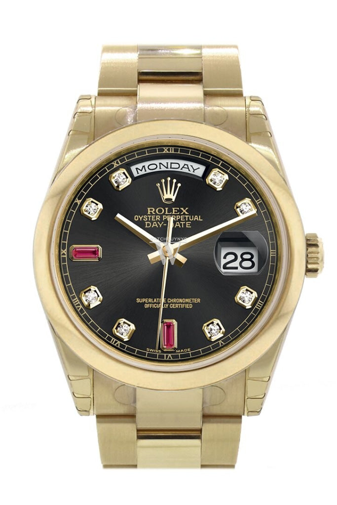 Rolex Day-Date 36 Black set with Diamonds and rubies Dial Yellow Gold Watch 118208