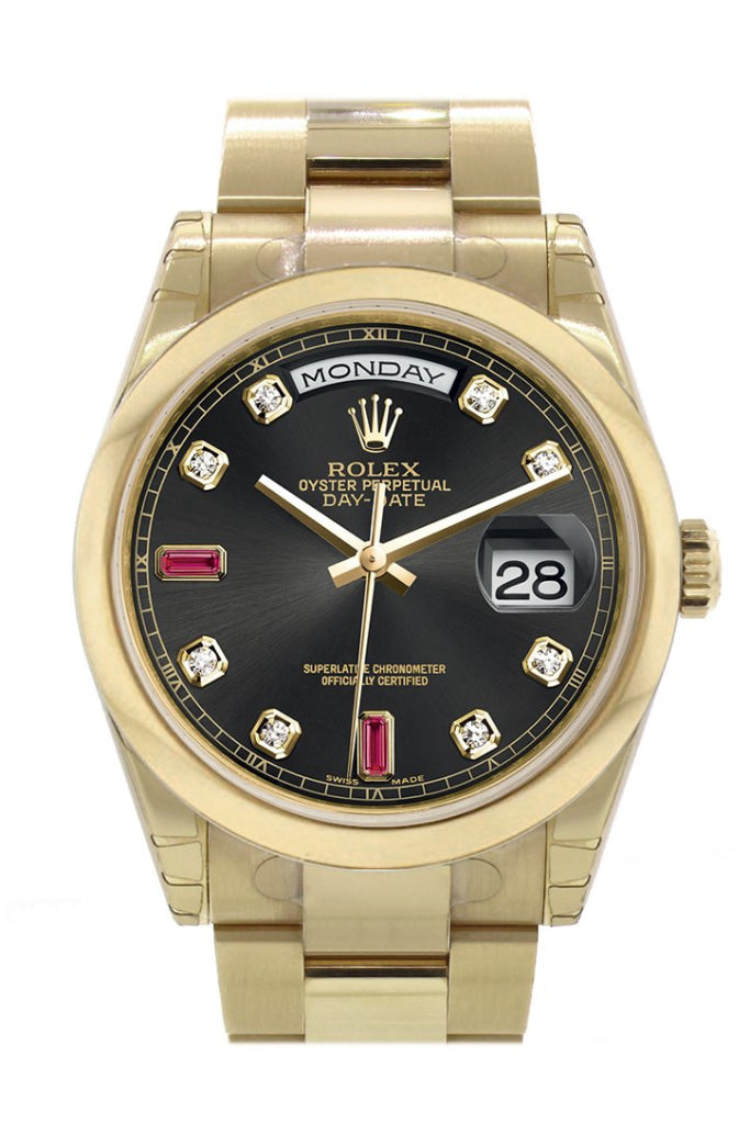 Rolex Day-Date 36 Black set with Diamonds and rubies Dial Yellow Gold Watch 118208