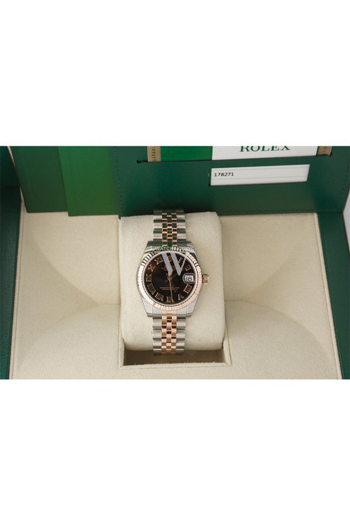 Rolex Datejust 31 Black Roman Dial Fluted Bezel 18K Rose Gold Two Tone Jubilee Ladies Watch 178271 Pre-owned