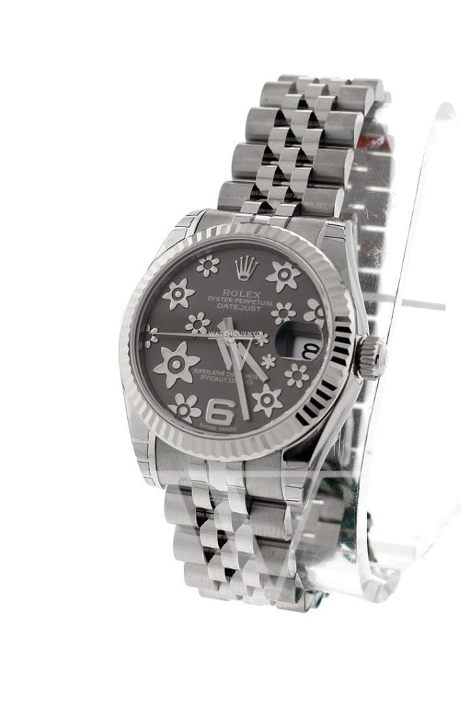 Rolex Datejust 31 Dark Rhodium Floral Motif Dial White Gold Fluted Bezel Jubilee Ladies Watch 178274 Pre-owned