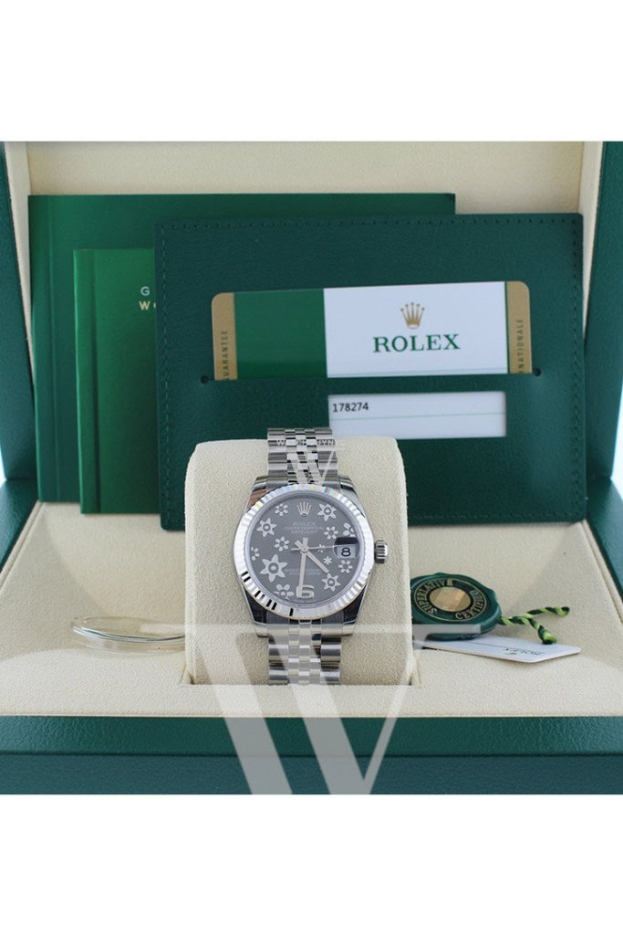 Rolex Datejust 31 Dark Rhodium Floral Motif Dial White Gold Fluted Bezel Jubilee Ladies Watch 178274 Pre-owned
