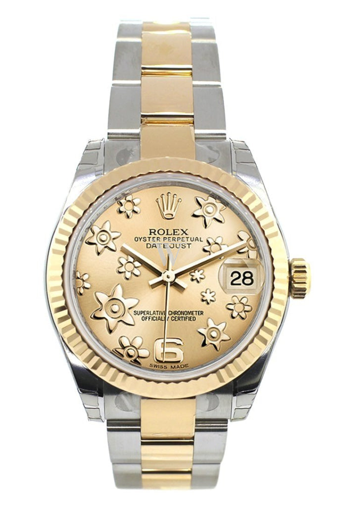 Rolex Datejust 31 Champagne Floral Motif Roman Dial Fluted Bezel 18K Gold Two Tone Ladies 178273 Pre-owned