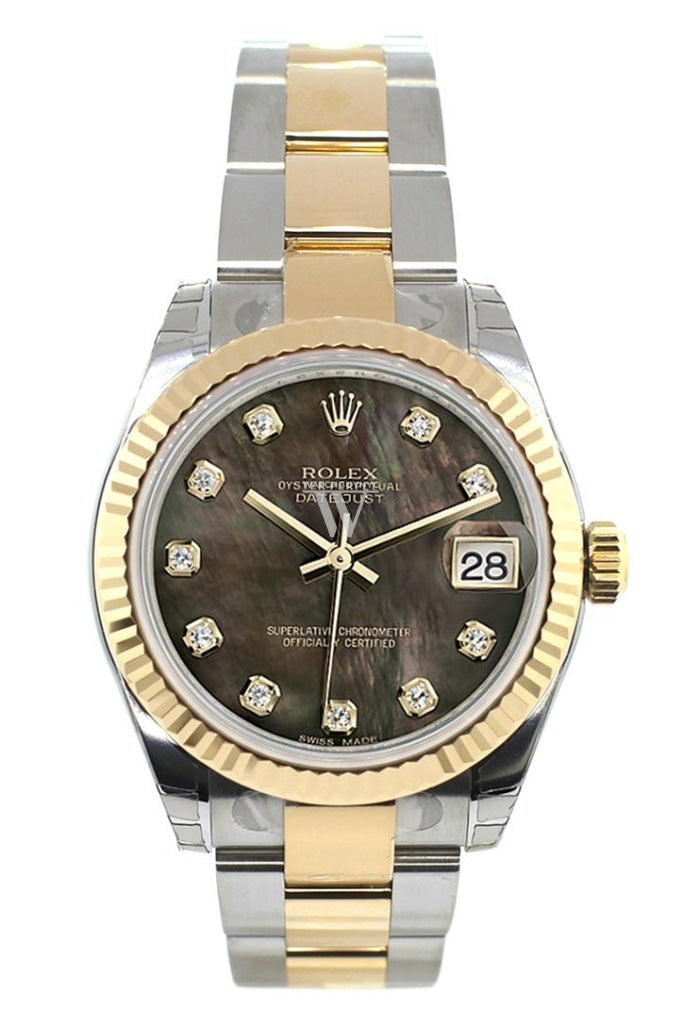 Rolex Datejust 31 Black Mother of Pearl Diamonds Dial Fluted Bezel 18K Gold Two Tone Ladies 178273 Pre-owned