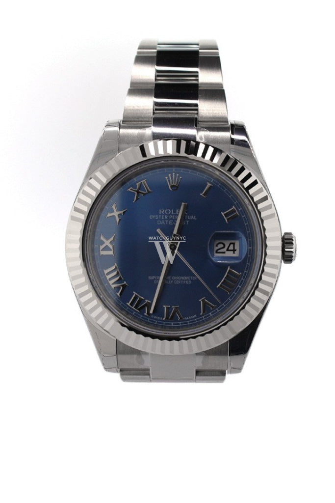 ROLEX Datejust II 41 Blue Roman Dial 18kt White Gold Fluted Bezel Men's Watch 116334 Pre-owned