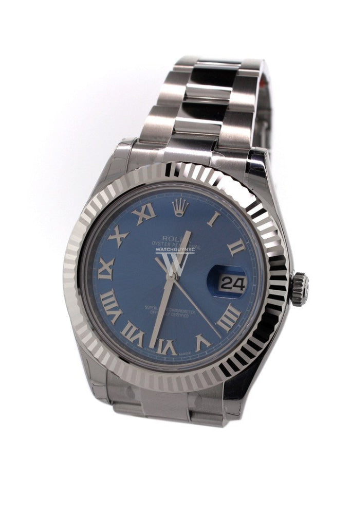 ROLEX Datejust II 41 Blue Roman Dial 18kt White Gold Fluted Bezel Men's Watch 116334 Pre-owned