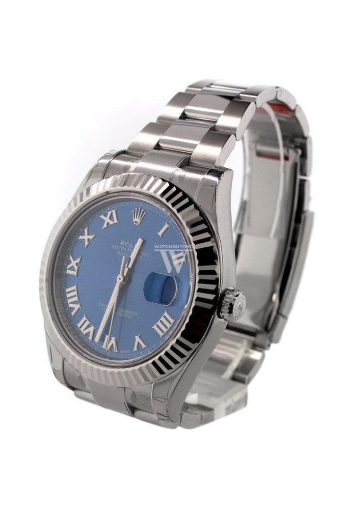 ROLEX Datejust II 41 Blue Roman Dial 18kt White Gold Fluted Bezel Men's Watch 116334 Pre-owned