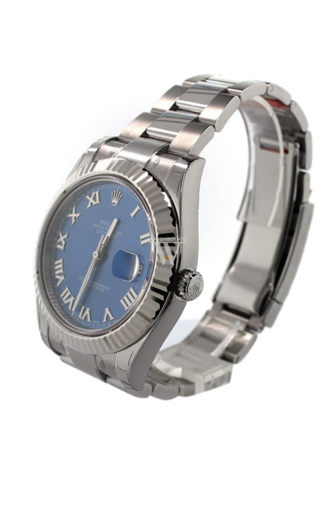 ROLEX Datejust II 41 Blue Roman Dial 18kt White Gold Fluted Bezel Men's Watch 116334 Pre-owned