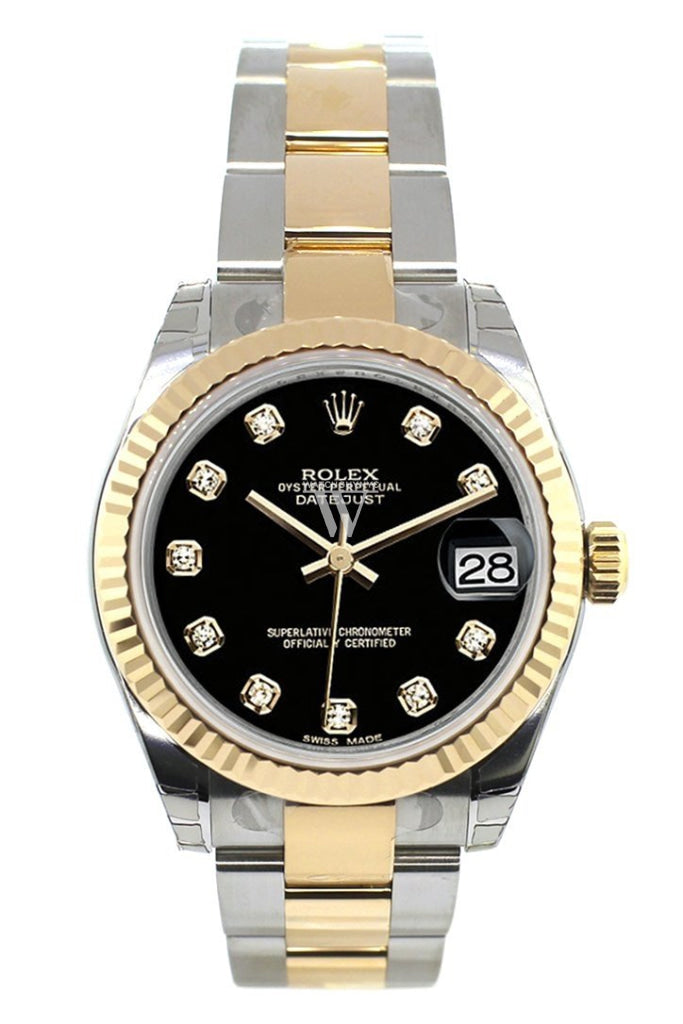 Rolex Datejust 31 Black Diamond Dial Fluted Bezel 18K Gold Two Tone Ladies 178273 Pre-owned