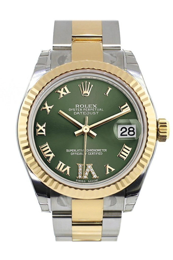 Rolex Datejust 31 Olive Green Roman Large VI Diamond Dial Fluted Bezel  18K Gold Two Tone Ladies 178273 Pre-owned