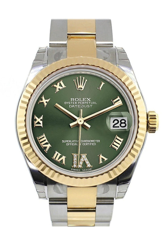 Rolex Datejust 31 Olive Green Roman Large VI Diamond Dial Fluted Bezel  18K Gold Two Tone Ladies 178273 Pre-owned