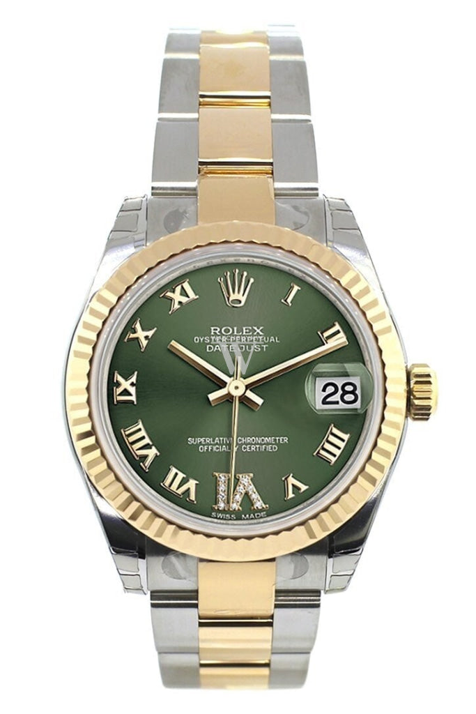 Rolex Datejust 31 Olive Green Roman Large VI Diamond Dial Fluted Bezel  18K Gold Two Tone Ladies 178273 Pre-owned