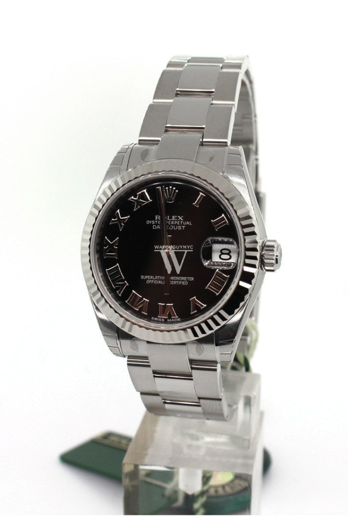 ROLEX Datejust 31 Black Roman Dial 18k White Gold Fluted Bezel Ladies Watch 178274 Pre-owned