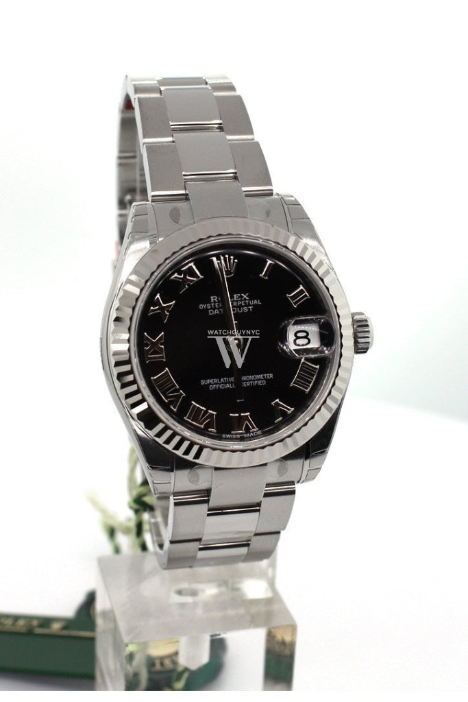 ROLEX Datejust 31 Black Roman Dial 18k White Gold Fluted Bezel Ladies Watch 178274 Pre-owned