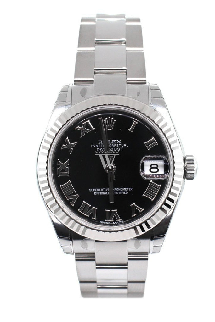 ROLEX Datejust 31 Black Roman Dial 18k White Gold Fluted Bezel Ladies Watch 178274 Pre-owned
