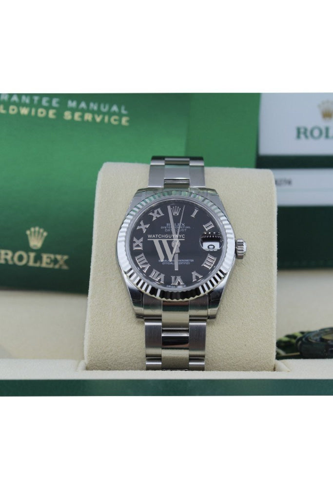 ROLEX Datejust 31 Black Roman Dial 18k White Gold Fluted Bezel Ladies Watch 178274 Pre-owned