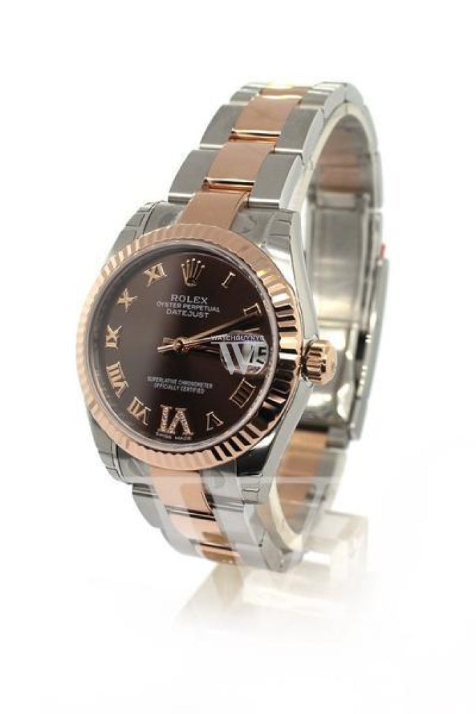 Rolex Datejust 31 Chocolate Roman Large VI Diamond Dial Fluted Bezel 18K Rose Gold Two Tone Ladies Watch 178271 Pre-owned