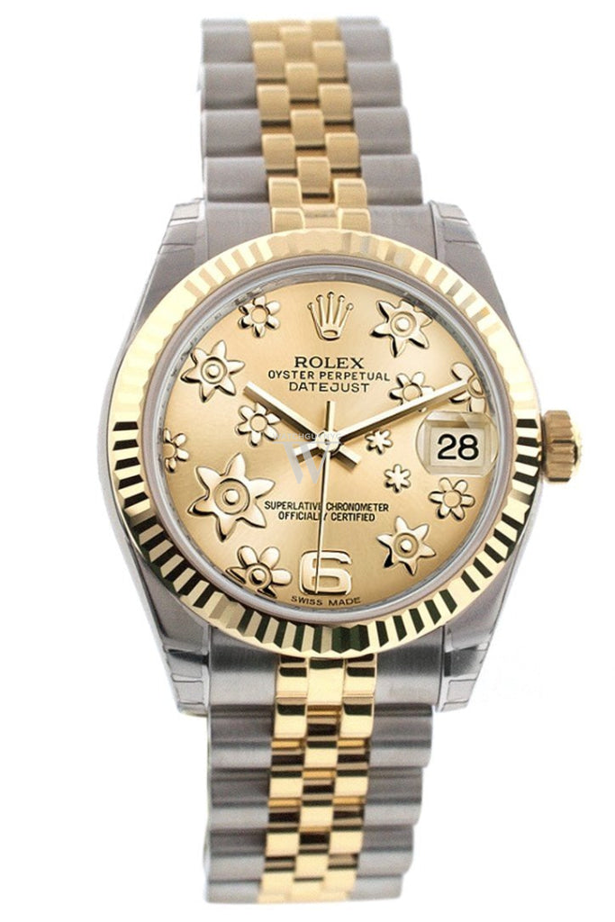 Rolex Datejust 31 Champagne Floral Motif Roman Dial Fluted Bezel 18K Gold Two Tone Jubilee Ladies 178273 Pre-owned