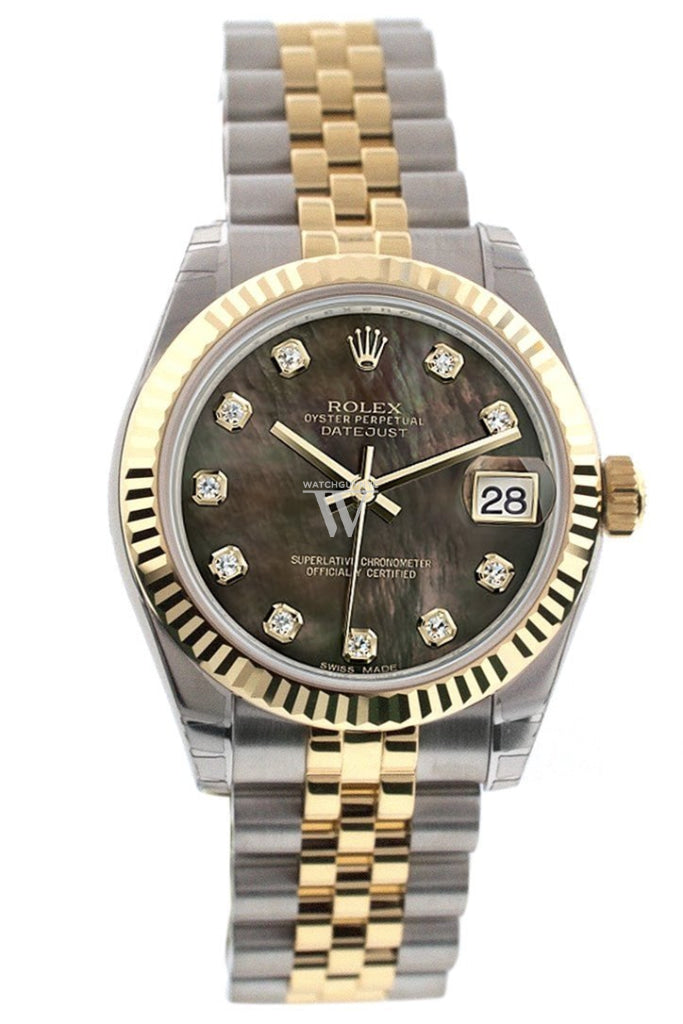 Rolex Datejust 31 Black Mother of Pearl Diamonds Dial Fluted Bezel 18K Gold Two Tone Jubilee Ladies 178273 Pre-owned