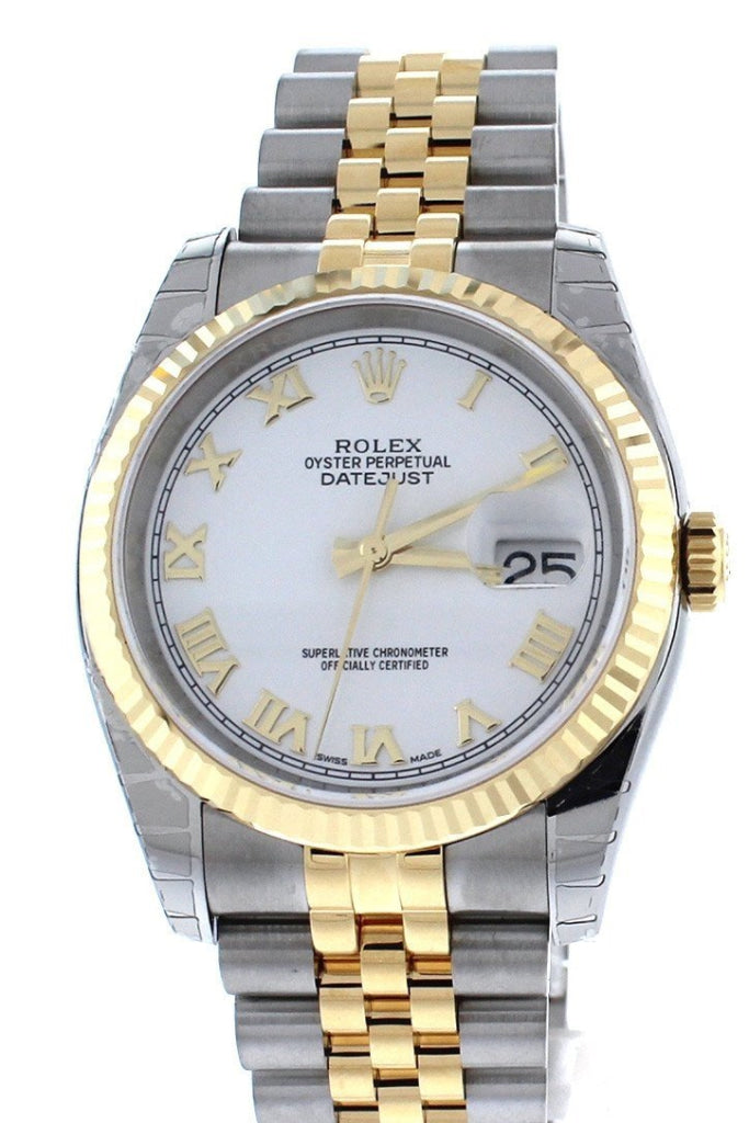 Rolex Datejust 36 White Roman Dial Fluted 18K Gold Two Tone Jubilee Watch 116233 Pre-owned